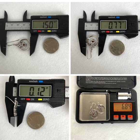 Sterling Silver 925 SX Thailand Garnet Scrollwork Dangle Drop Earrings - Picture 10 of 16